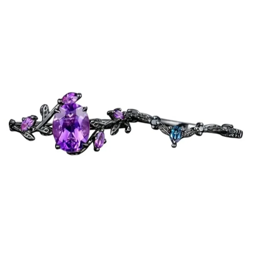 Oval Shape Amethyst Black Engagement Wedding Ring Set In Rhodium black plating